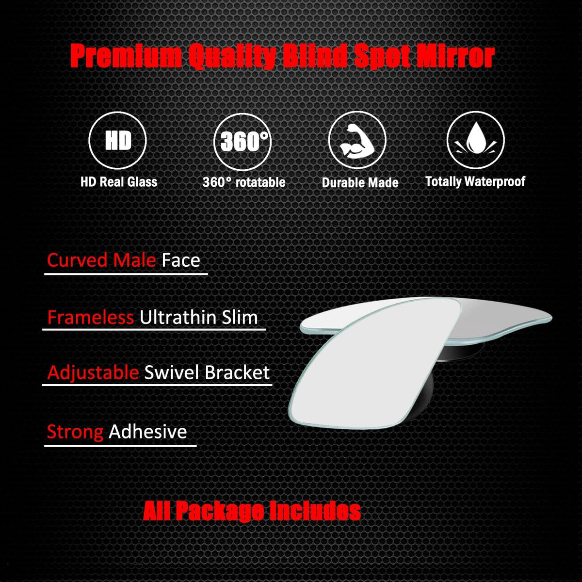 Ampper Blind Spot Mirror, 2" Round HD Glass Frameless Convex Rear View Mirror, Pack of 2 - PuriLite
