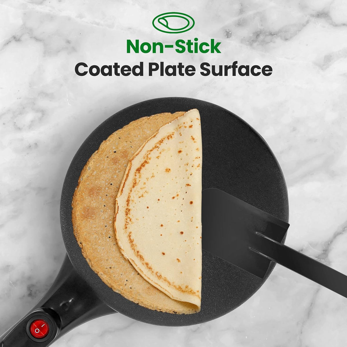NutriChef Electric Crepe Maker, Cooks Roti, Tortillas, Pancakes, Nonstick Cooktop, 8-inch Cook Area On/Off Switch, Automatic Temperature Control & Cool Touch Handle, Includes Food Bowl, Whisk, Spatula - PuriLite