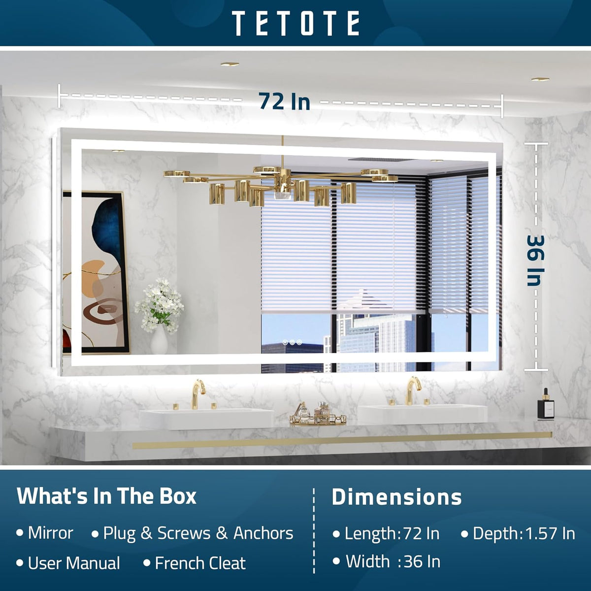 TETOTE LED Bathroom Mirror 20x28 Frontlit & Backlit Lighted Vanity Mirror Anti Fog Stepless Dimmable 3 Colors White/Warm/Natural,Double Lights,Wall-Mounted(Horizontal/Vertical) - PuriLite