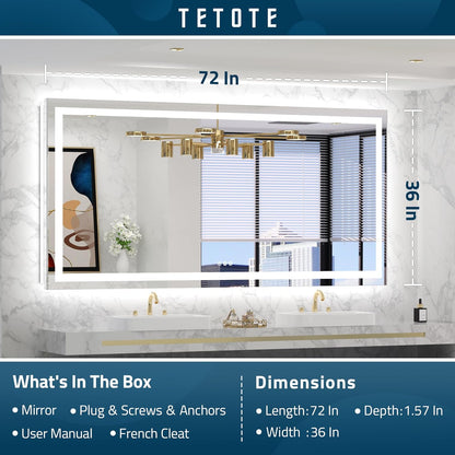 TETOTE LED Bathroom Mirror 20x28 Frontlit & Backlit Lighted Vanity Mirror Anti Fog Stepless Dimmable 3 Colors White/Warm/Natural,Double Lights,Wall-Mounted(Horizontal/Vertical) - PuriLite