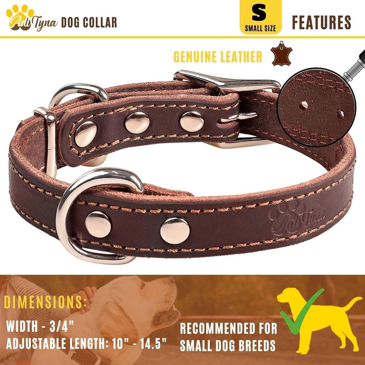ADITYNA Heavy-Duty Leather Dog Collar for Medium Dogs - Soft and Strong, 100% Genuine Leather - Collier Pour Chien (Medium: Fit 13" - 20" Neck, Brown) - PuriLite