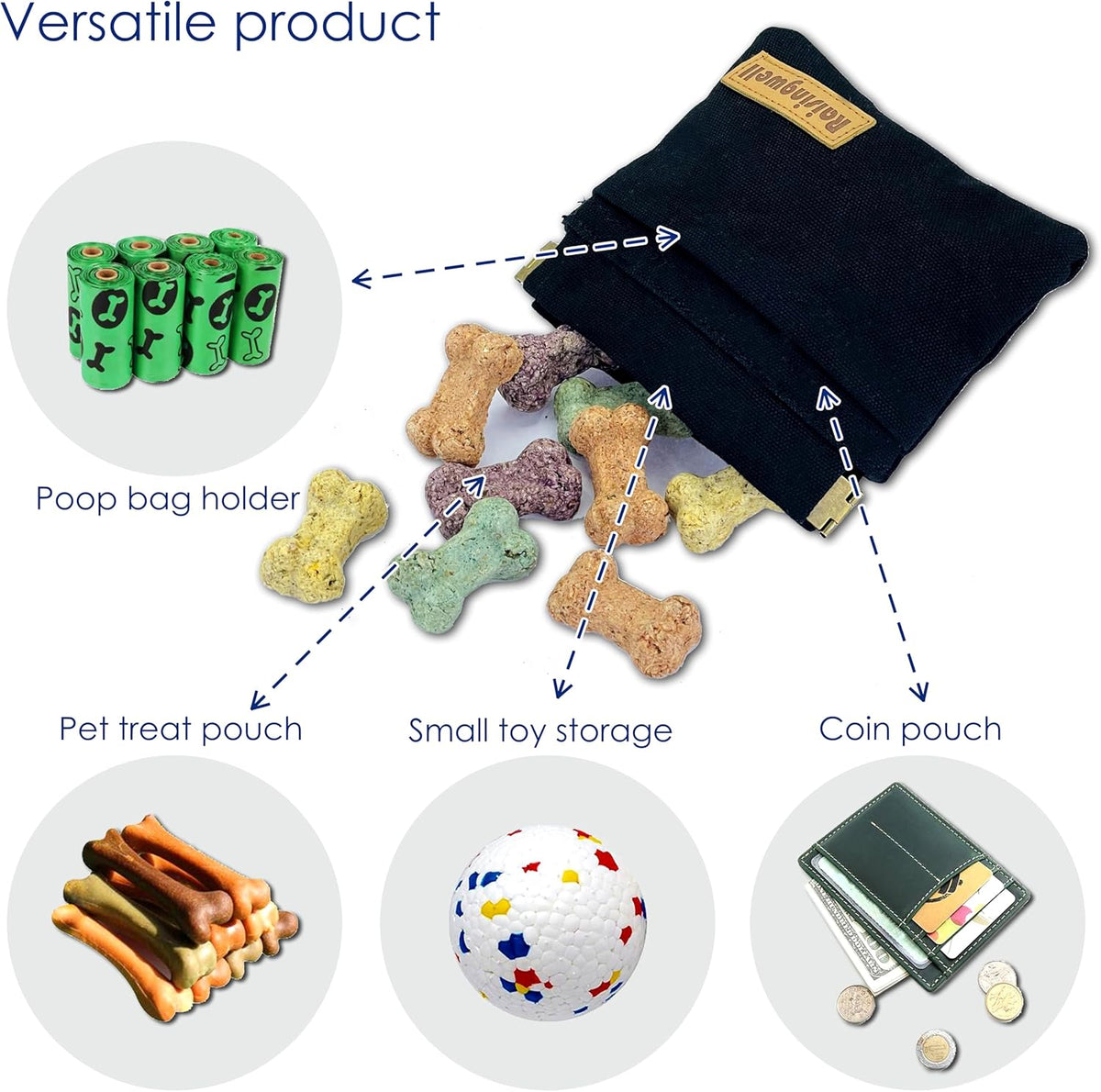 Raisingwell Dog Treat Pouch, Black Pocket Sized Pet Training Pouch, Cotton Fabric, Hand Free Dog Walking Bag with Carabiner, Self-Closing Pet Feed Snack Reward, for Pet Puppy Travel or Outdoor Use - PuriLite