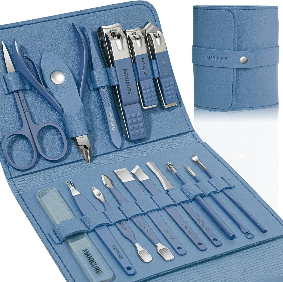 Manicure Set Professional Nail Clippers Pedicure Kit, 16 pcs Stainless Steel Nail Care Tools Grooming Kit with Luxurious Travel Leather Case for Thick Nails Men Women Gift (Black) - PuriLite