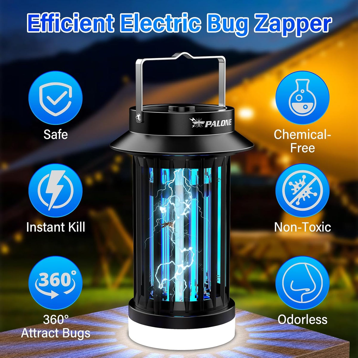 PALONE Bug Zapper, Electric Bug Zapper with 4200V,Indoor Bug Zapper with 2600mAh Used for 13 Hours, Portable Electric Flytrap,Outdoor Bug Zapper for Home,Backyard,Patio,Camping and Fishing - PuriLite