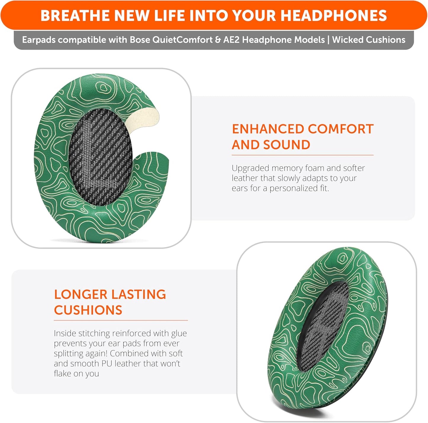 WC Wicked Cushions Upgraded Replacement Ear Pads for Bose QC35 & QC35ii (QuietComfort 35) Headphones & More - Softer Leather, Luxurious Memory Foam, Added Thickness, Extra Durability | Navy Tiger - PuriLite