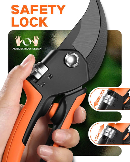VOTREK Pruning Shears - 8.5" Heavy Duty Bypass Pruners for Gardening with Built-in Spring & SK5 Steel Blades - Ergonomic Adjustable Handle for All Hand Sizes, Garden Clipper Plant Scissors for Branch - PuriLite
