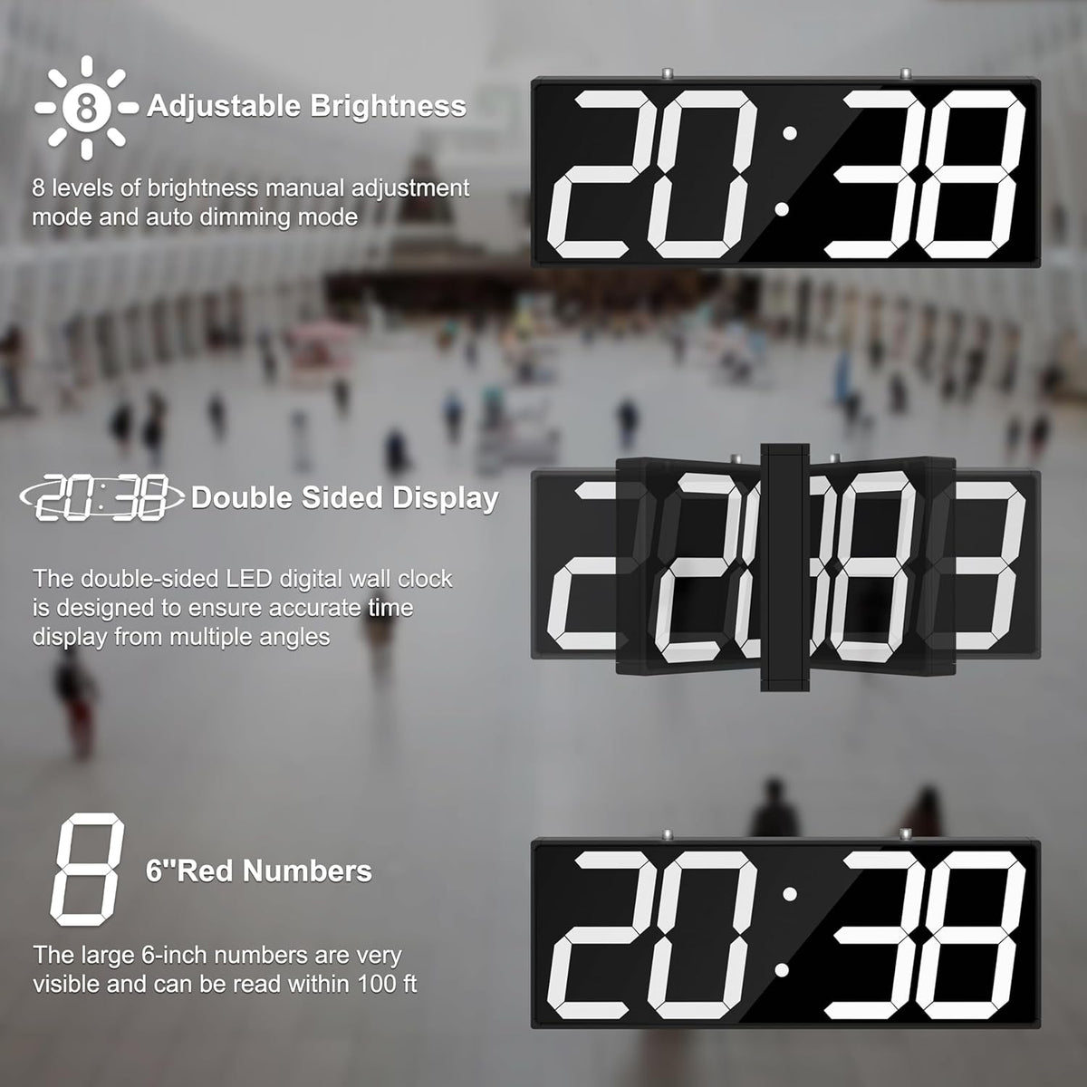 CHKOSDA Digital Wall Clock with Double Sided Display, Large Digital Clock with Timer,Alarm,Temperature and Date,Two Faced Hanging Wall Clock with 6''Number (White) - PuriLite