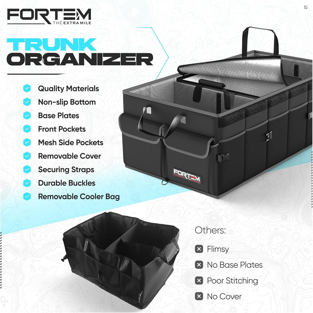 FORTEM Car Trunk Organizer, Collapsible Multi Compartment Car Organizer, Foldable SUV Storage for Car Accessories for Women Men, Non Slip Bottom, Securing Straps, Soft Cover 50L (Black, Standard) - PuriLite