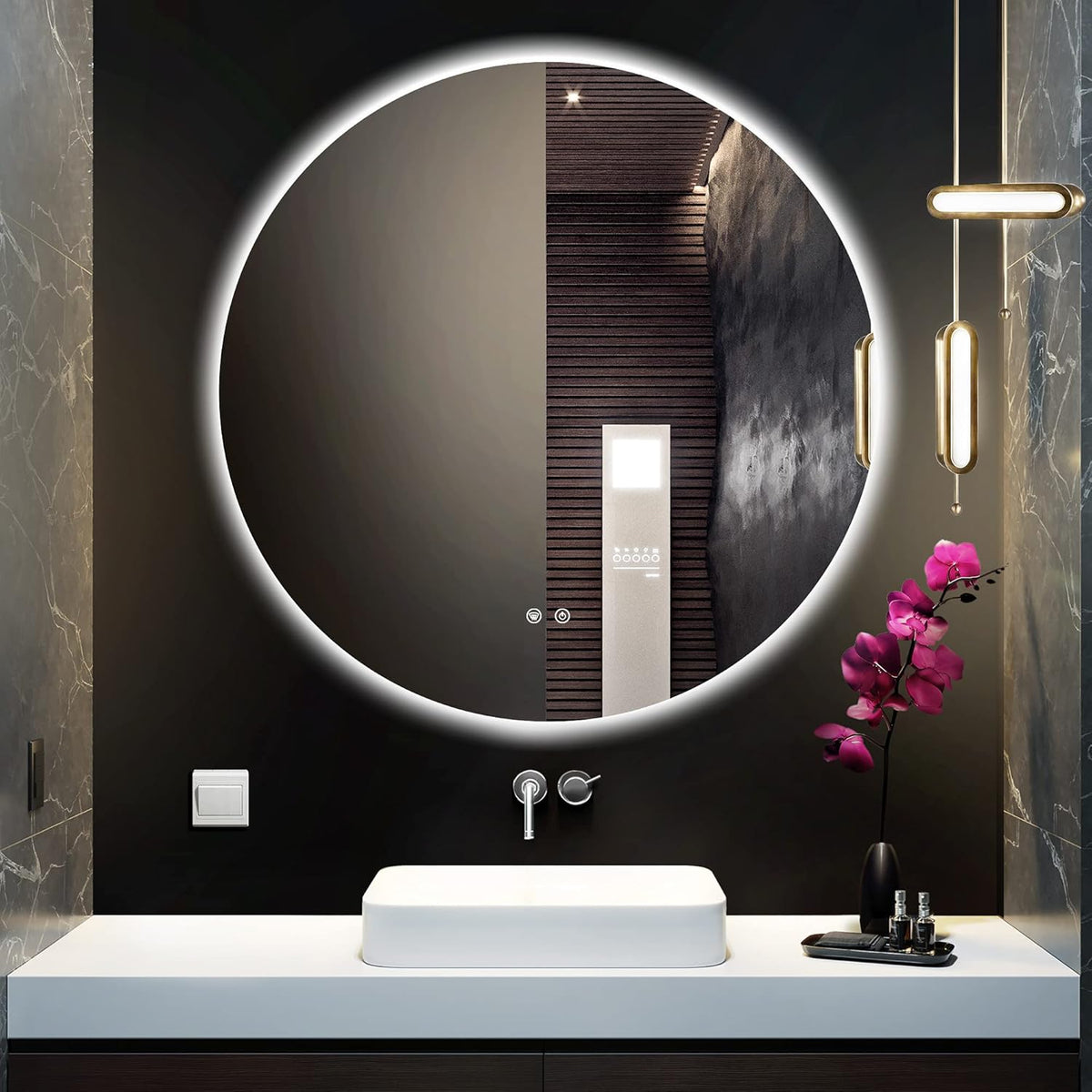 TETOTE 28 Inch Round LED Bathroom Vanity Mirror, Anti-Fog Dimmable Lights IP54 Waterproof Circle Makeup Wall Mounted Mirror - PuriLite