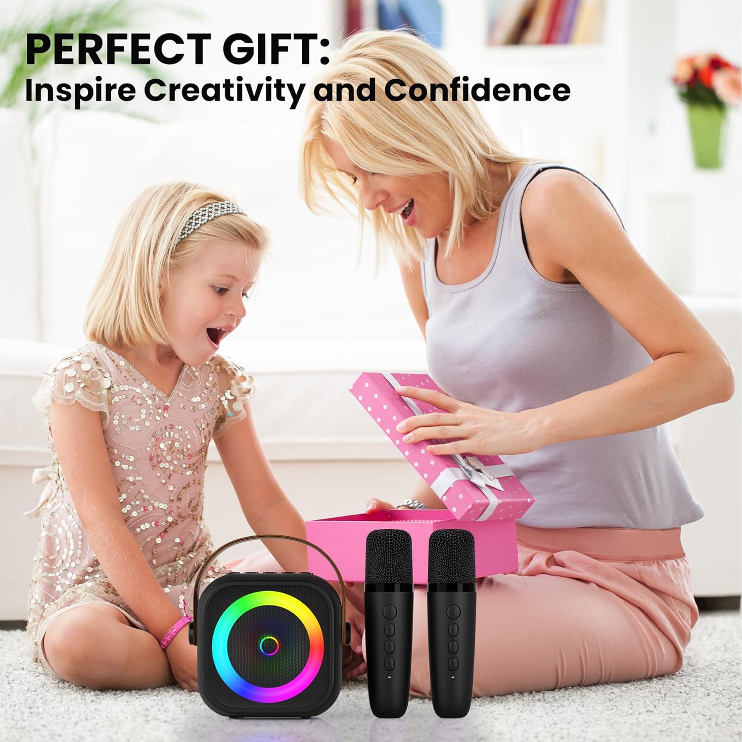 Karaoke Machine, Portable Bluetooth Karaoke Speaker with 2 Wireless Microphones and Party Lights for Kids and Adults, Birthday Gifts for Girls Boys Family Home Party (Beige2) - PuriLite