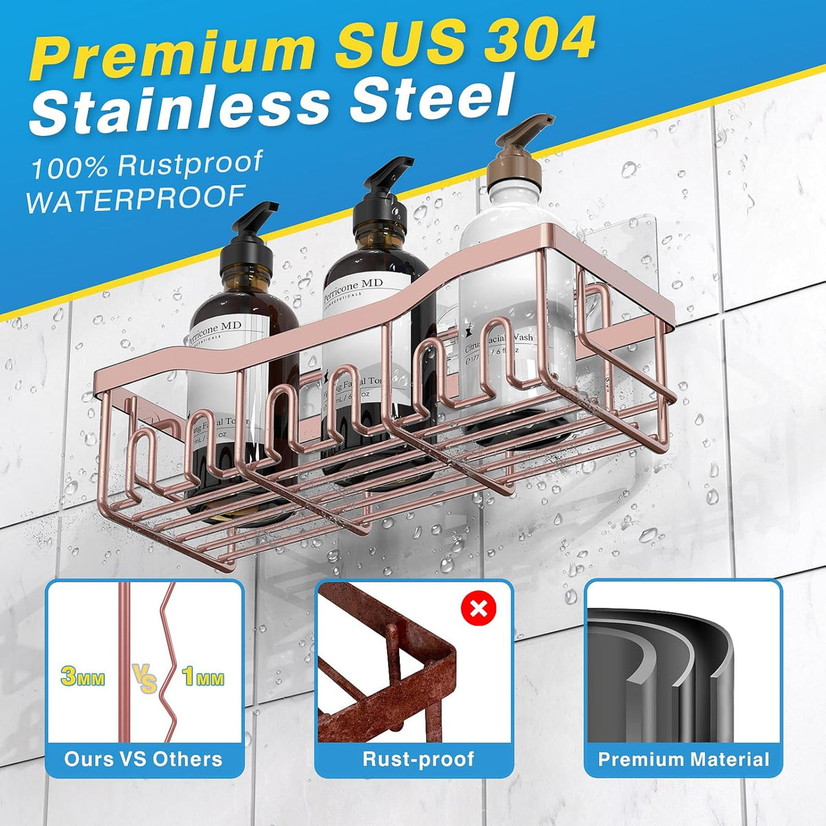 EUDELE 5-Pack Rustproof Stainless Steel Shower Caddy – No Drill Adhesive Bathroom Organizer with Large Capacity, Spacious Shower Shelves for Inside Shower, Kitchen & Home Decor Storage - PuriLite