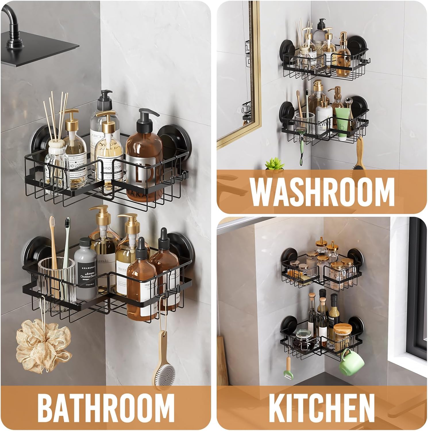 LEVERLOC Shower Caddy Suction Cup, 2 Pack Black Shower Shelf with Hooks and Soap Holder, NO-Drilling Bathroom Organizer, Rustproof Metal Bathroom Storage and Organization - PuriLite