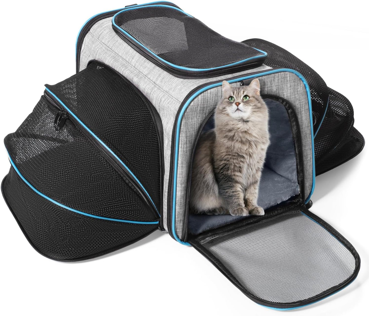 Siivton Cat Carrier,4 Sided Expandable Pet Carrier for Travel,Collapsible Soft-Sided Carriers with Removable Fleece Pad and Shoulder Straps,Airline Approved(17.5"x 11"x 11") - PuriLite