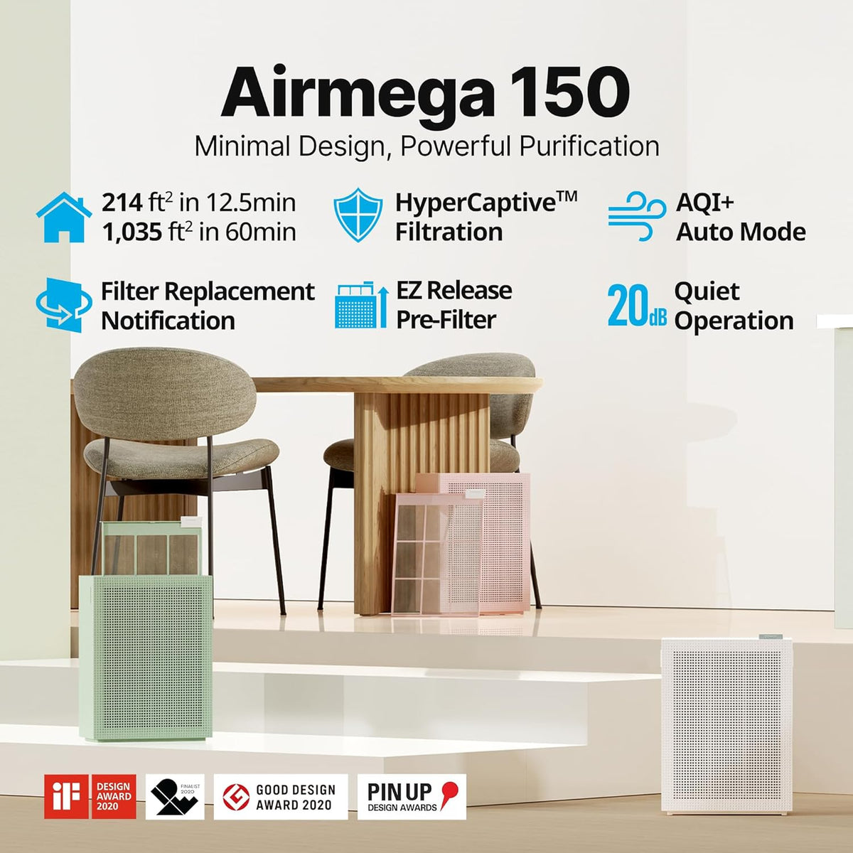 Coway Airmega 150 True HEPA Air Purifier with Air Quality Monitoring, Auto Mode, Filter Indicator, Dove White - PuriLite
