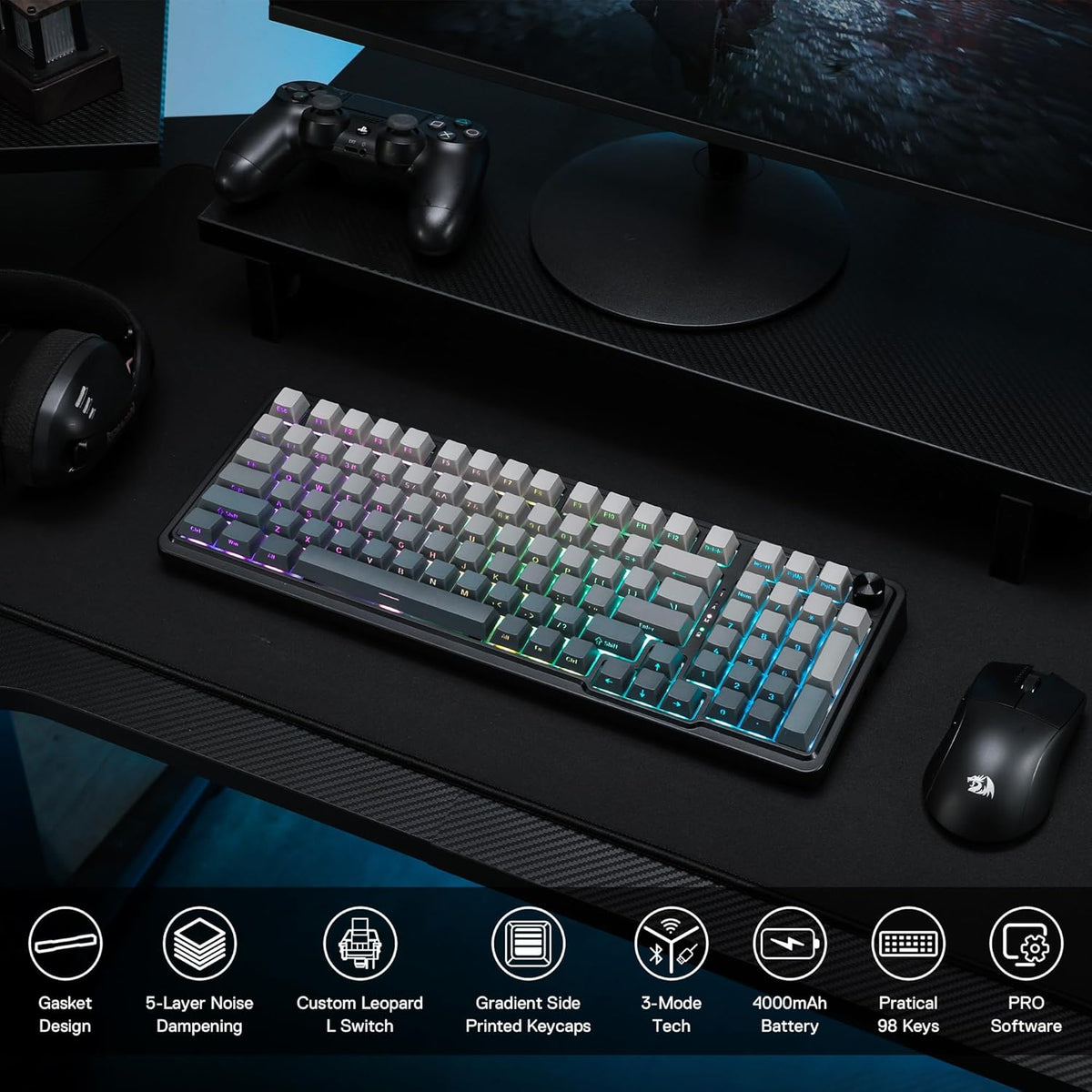 Redragon K686 PRO 98 Keys Wireless Gasket RGB Gaming Keyboard, 3-Modes Anime Mechanical Keyboard w/Hot-Swap Socket, Dedicated Knob Control & Sound Absorbing Pads, Custom Hi-Fi Linear Switch - PuriLite