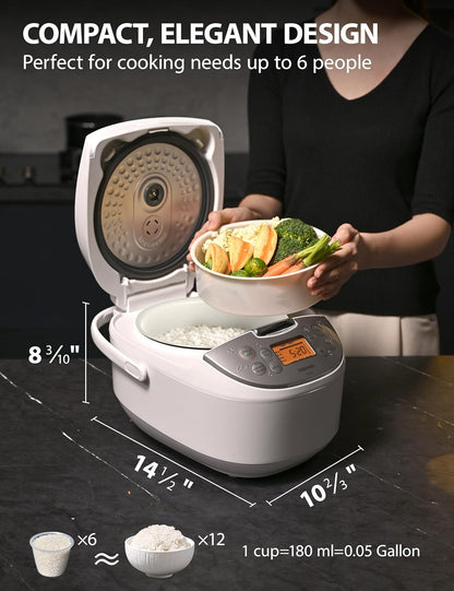 6-Cup Japanese Style Rice Cooker | Fuzzy Logic Electric Rice Cooker with 7 Cooking Functions, Digital Display, 2 Delay Timers & Auto Keep Warm