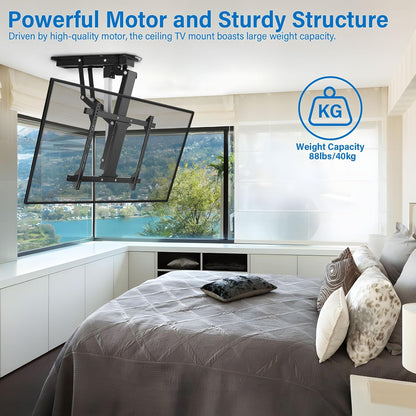 TOPSKY Electric Adjustable Ceiling TV Mount with Remote, Motorized Flip Down Pitched Roof TV Mount for 32 to 70 Inch Flat and Curved Screen TVs (Black) - PuriLite
