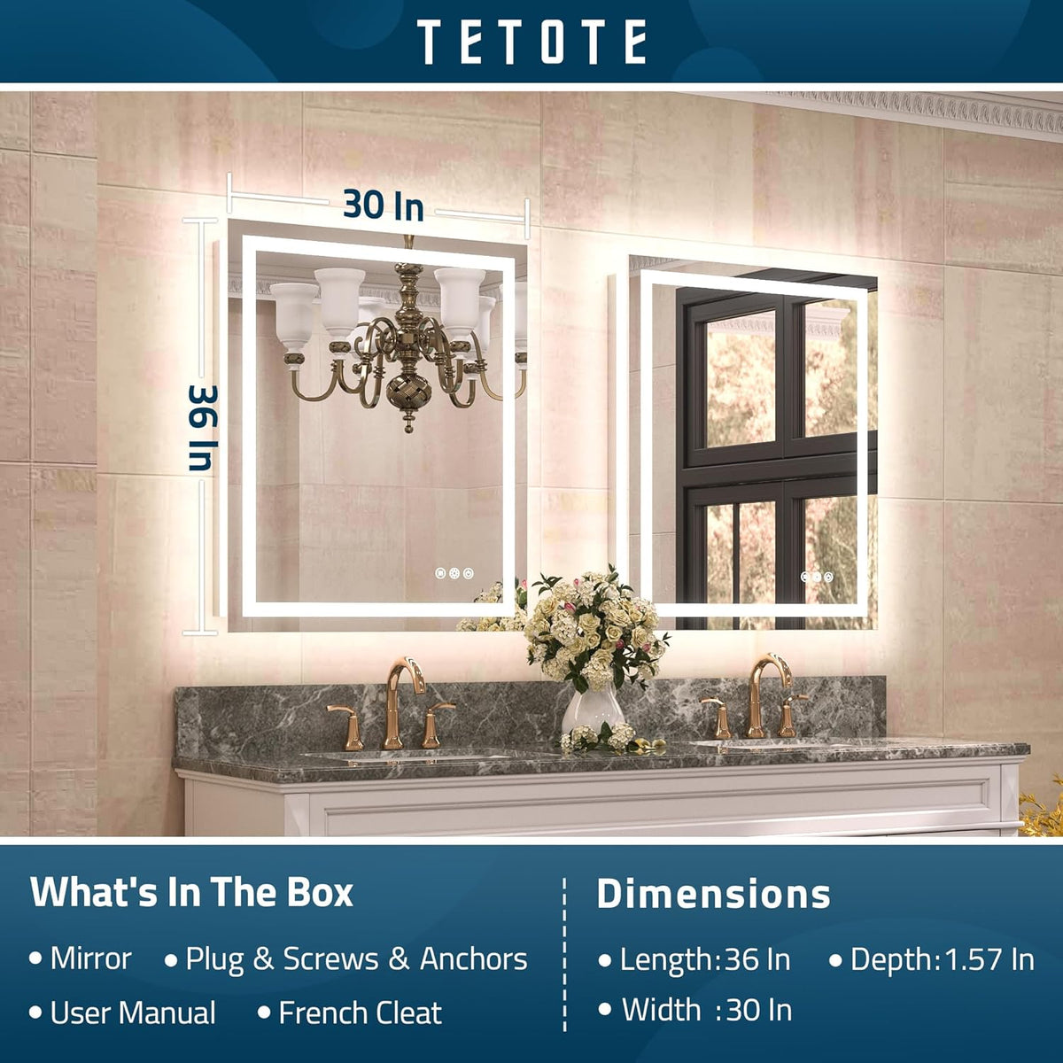 TETOTE 28 Inch Round LED Bathroom Vanity Mirror, Anti-Fog Dimmable Lights IP54 Waterproof Circle Makeup Wall Mounted Mirror - PuriLite