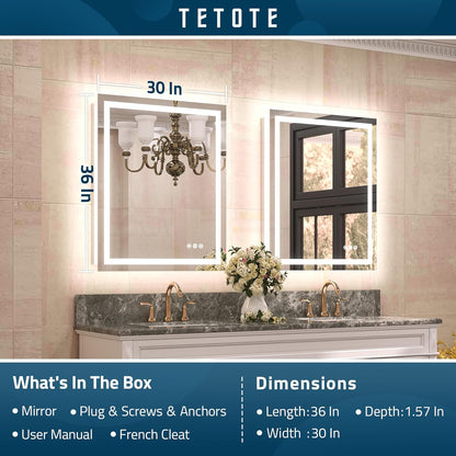 TETOTE 28 Inch Round LED Bathroom Vanity Mirror, Anti-Fog Dimmable Lights IP54 Waterproof Circle Makeup Wall Mounted Mirror - PuriLite