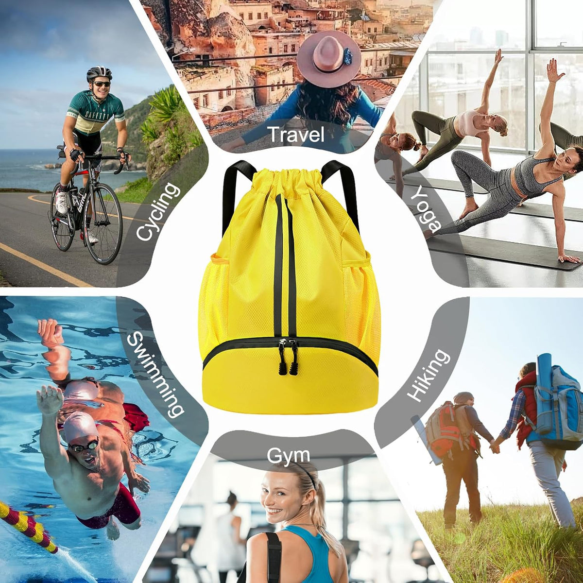 Hoedia Sports Drawstring Backpack - String Swim Gym Bag with Shoes Compartment and Wet Proof Pocket for Women/Men - PuriLite