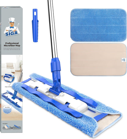 MR.SIGA Professional Microfiber Mop for Hardwood, Laminate, Tile Floor Cleaning, Stainless Steel Handle - 3 Reusable Flat Mop Pads and 1 Dirt Removal Scrubber Included - PuriLite