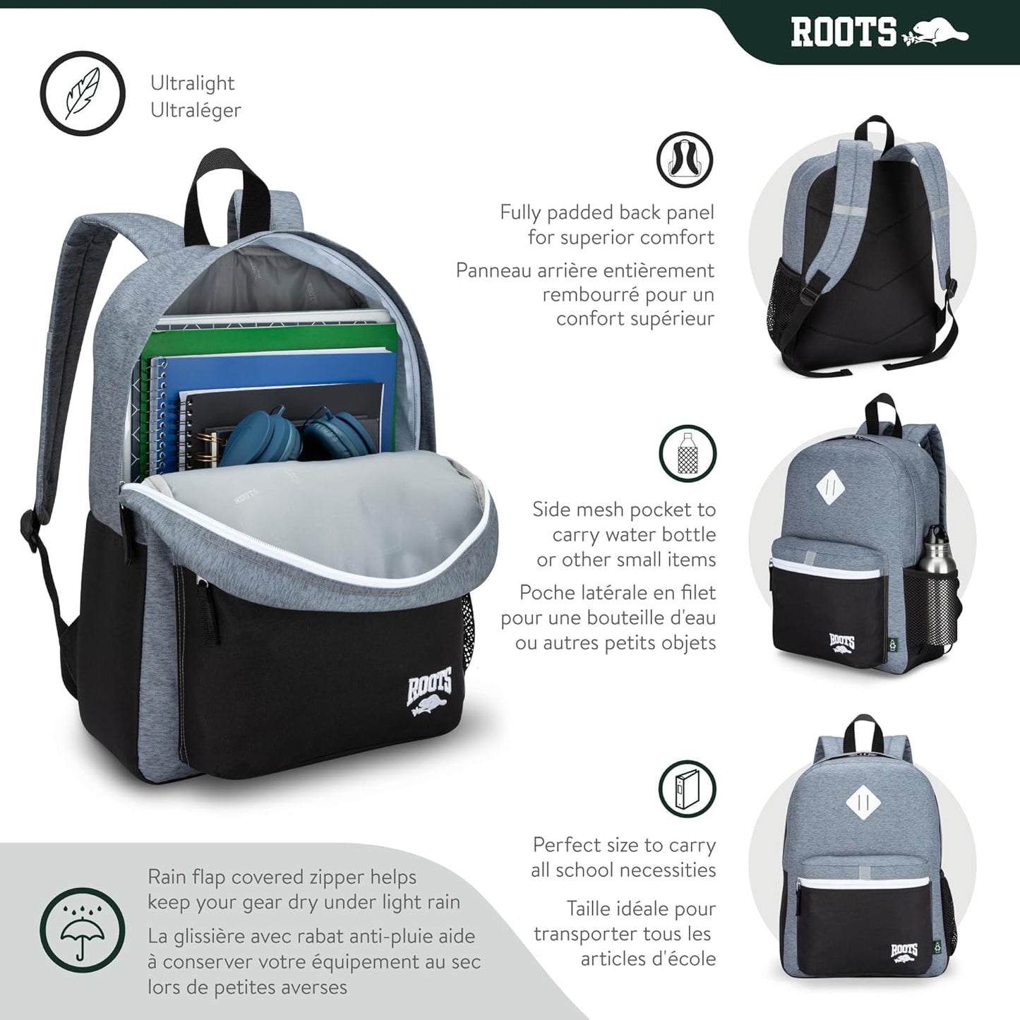 Roots Kids Lightweight Backpack — Made from 100% Recycled Fabrics with Rain Flap, Bottle Pocket, Reflective Accent, and Back Padding — 22.5 litres, Pink & Purple - PuriLite