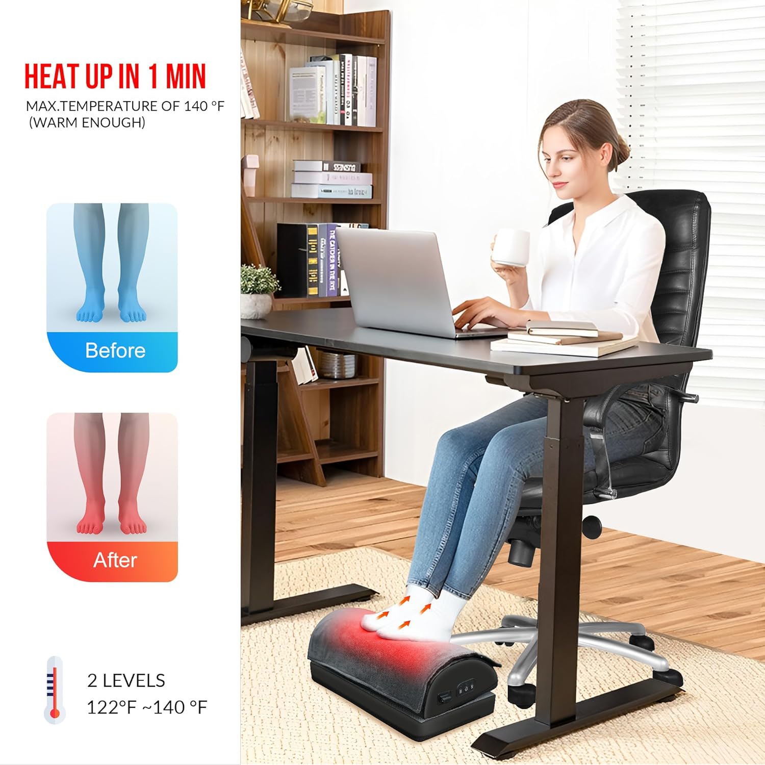 Snailax Foot Rest Under Desk at Work, 2 Heating Levels, 3 Vibrating Massage Modes, Heated Ergonomic Foot Stool with Adjustable Height, Office & Gaming Home Use, Grey - PuriLite