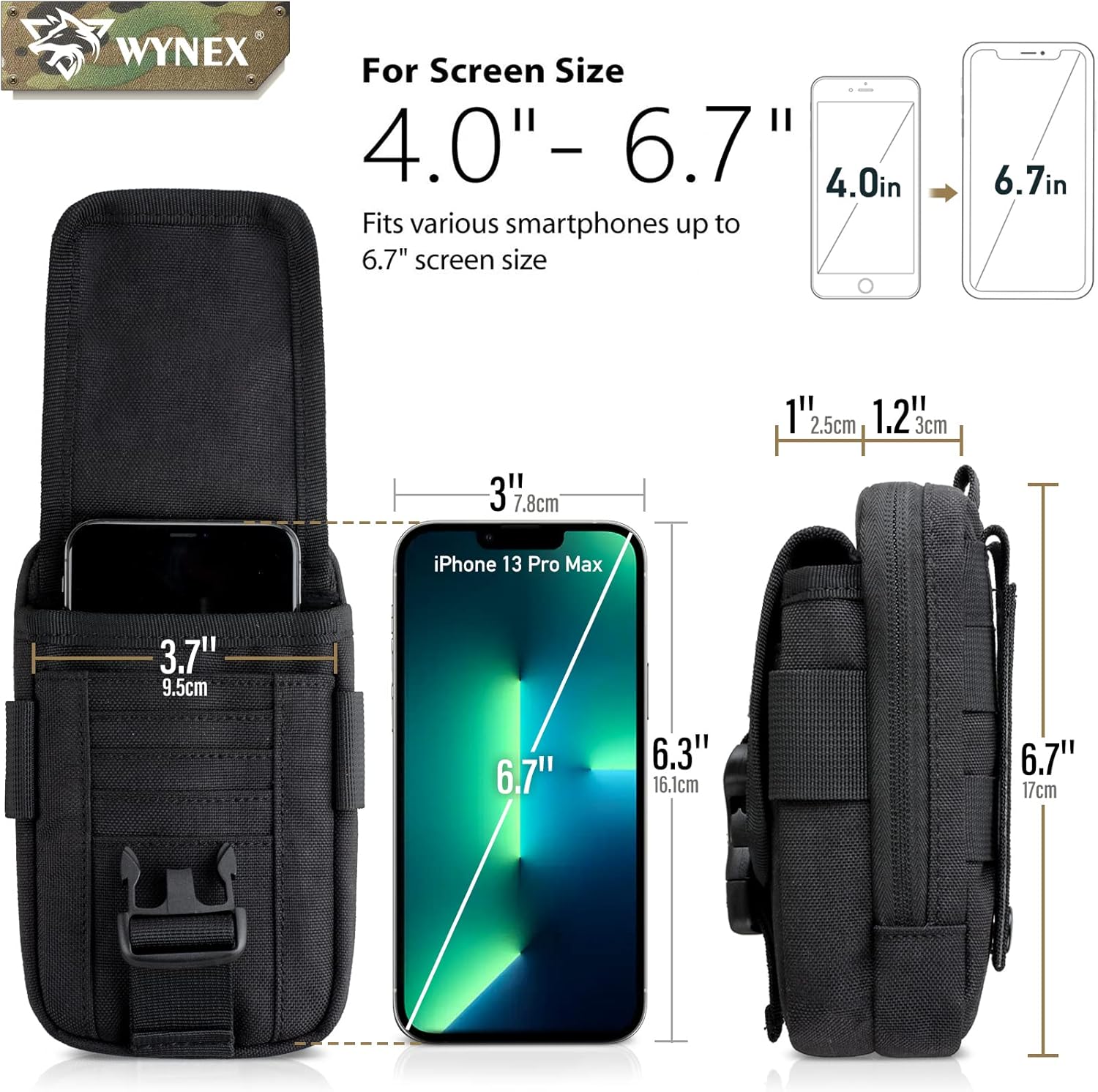 WYNEX Tactical Compass Phone Pouch, Large Molle Smartphone Holster Case Double Capacity Small Utility EDC Pouch with Compass Buckle and Carabiner - PuriLite