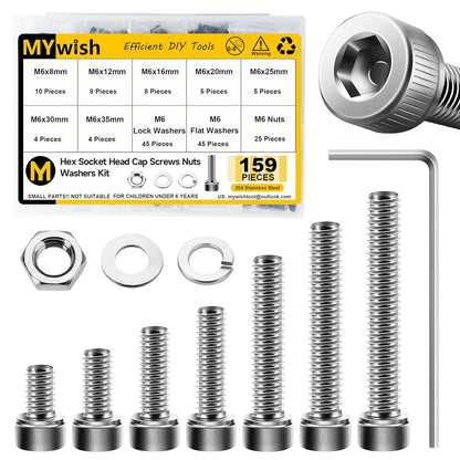 Mywish 900Pcs Metric Screw Assortment, M3 M4 M5 M6 Screw Assortment Kit 304 Stainless Steel Hex Socket Button Head Socket Cap Metric Screws Bolts & Flat Washers/Nuts/Hex Wrenches 16 Sizes 8MM to 20MM - PuriLite