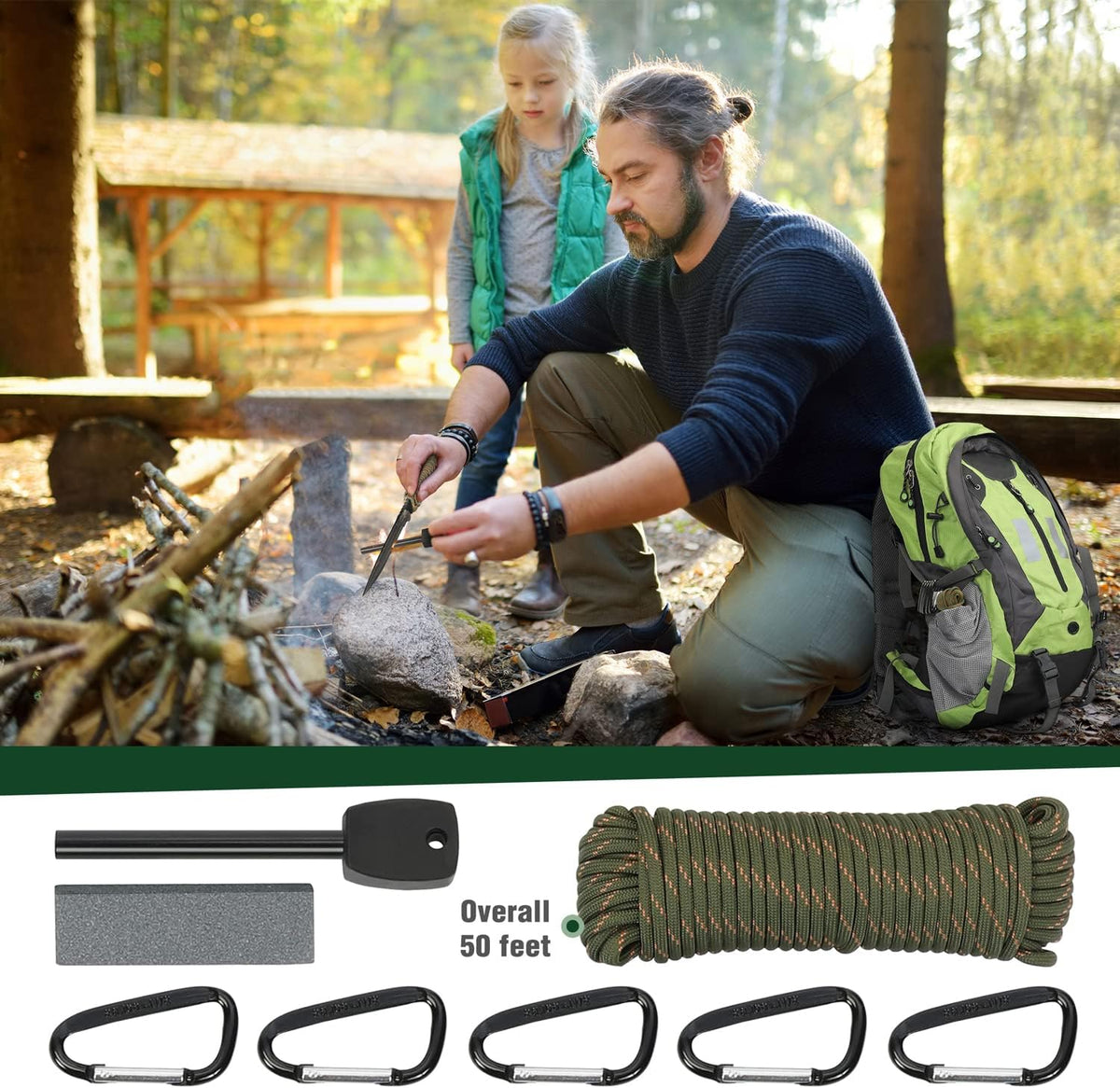 Mossy Oak Axe and Fixed Blade Knife with Sheath, One-Piece Camping Hatchet and Hunting Knife with Rope Handle, Includes Zoomable Tactical Flashlight and Many Other Tools, 15 Pieces Camping Tool Set - PuriLite