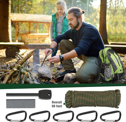 Mossy Oak Axe and Fixed Blade Knife with Sheath, One-Piece Camping Hatchet and Hunting Knife with Rope Handle, Includes Zoomable Tactical Flashlight and Many Other Tools, 15 Pieces Camping Tool Set - PuriLite