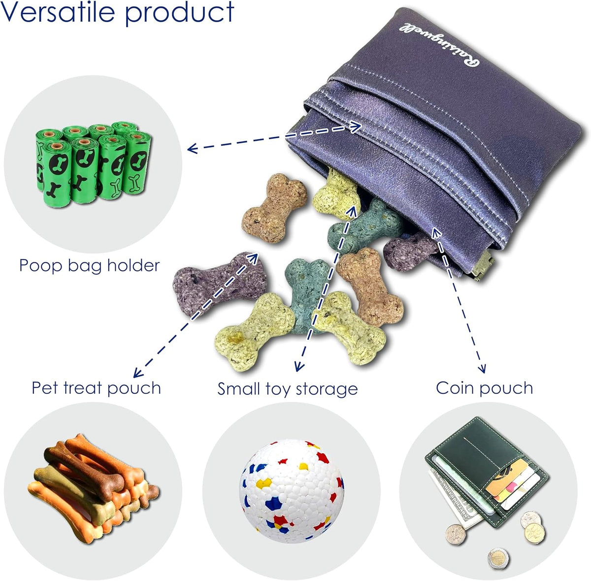 Raisingwell Dog Treat Pouch, Black Pocket Sized Pet Training Pouch, Cotton Fabric, Hand Free Dog Walking Bag with Carabiner, Self-Closing Pet Feed Snack Reward, for Pet Puppy Travel or Outdoor Use - PuriLite