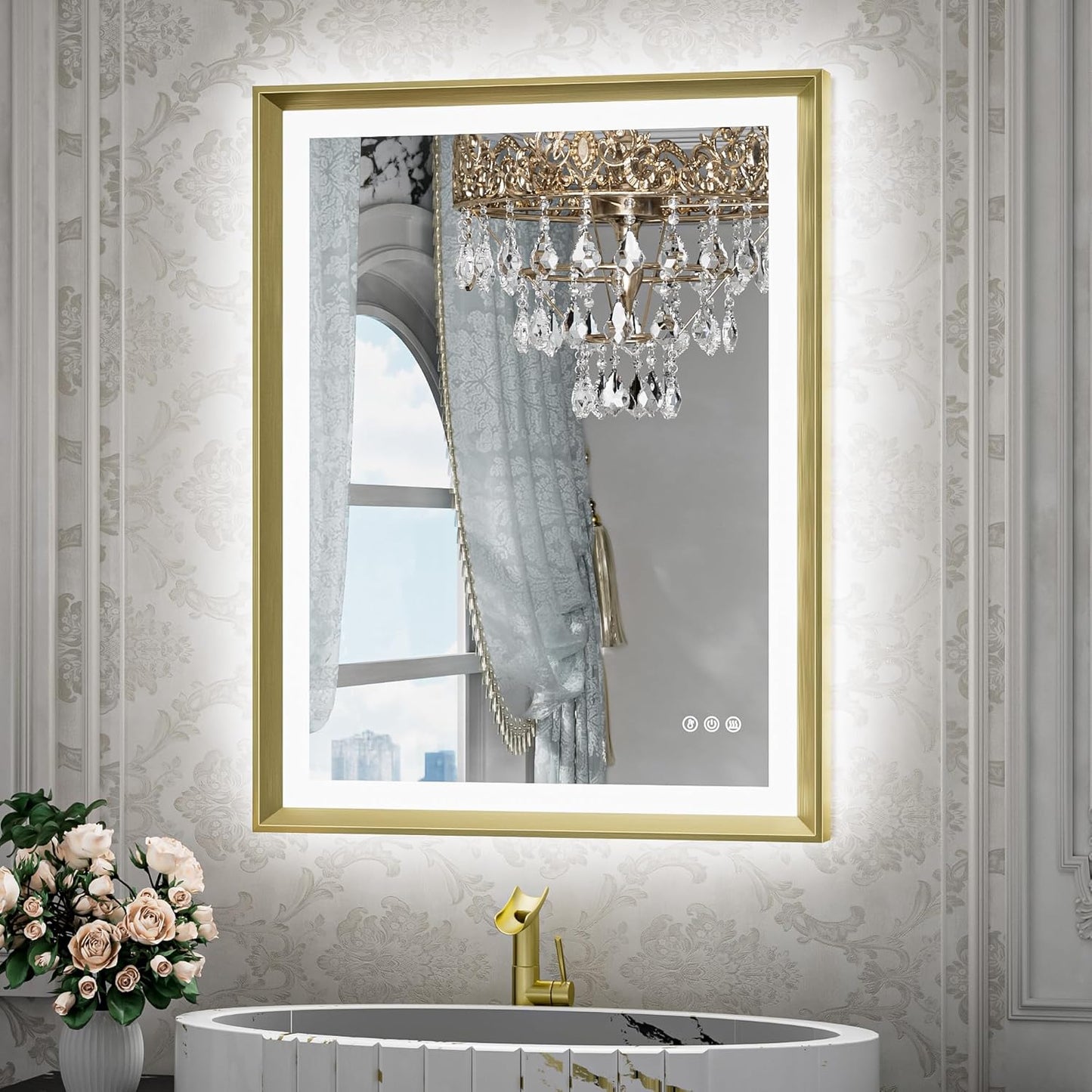 TETOTE 28x36 LED Mirror for Bathroom Black Metal Frame Frontlit & Backlit Lighted Vanity Mirror Baroque Gothic Anti Fog Stepless Dimmable White/Warm/Natural,Wall Mounted(Horizontal/Vertical) - PuriLite