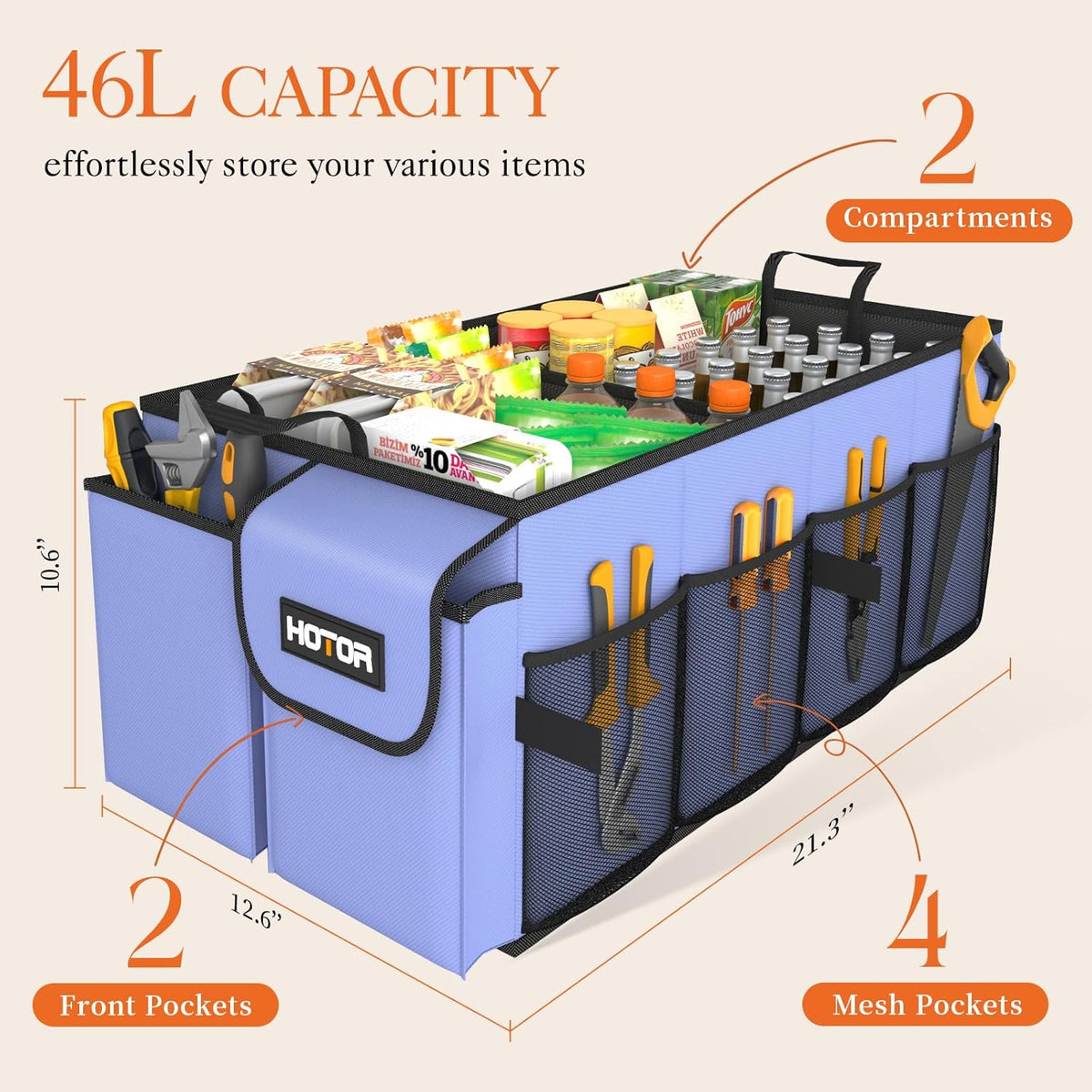 HOTOR Trunk Organizer - Car Organizer, Foldable Trunk organizer for SUVs & Sedans, Car Accessories, Tools, Sundries, 2 Compartments, Black - PuriLite
