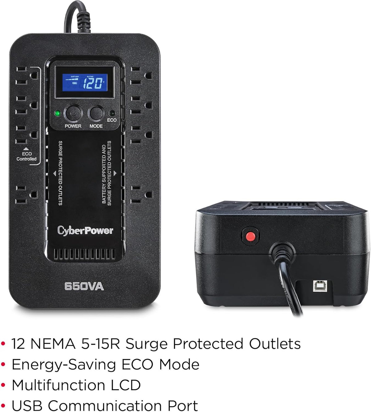 CyberPower EC850LCD Ecologic Battery Backup & Surge Protector UPS System, 850VA/510W, 12 Outlets, ECO Mode, Compact, Uninterruptible Power Supply - PuriLite
