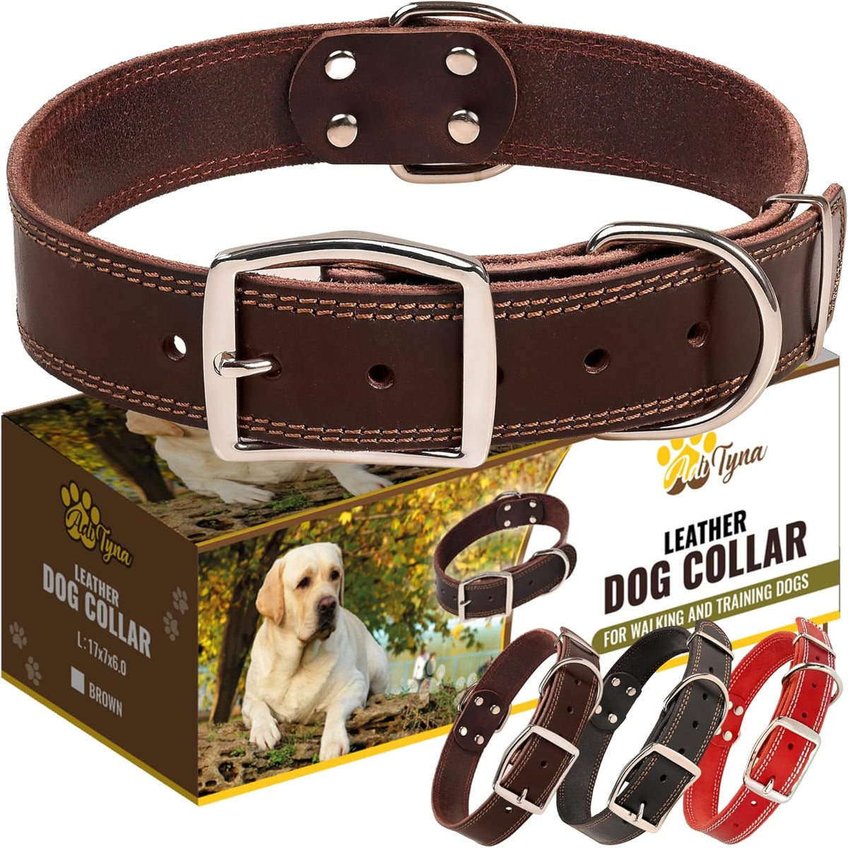 ADITYNA Heavy-Duty Leather Dog Collar for Medium Dogs - Soft and Strong, 100% Genuine Leather - Collier Pour Chien (Medium: Fit 13" - 20" Neck, Brown) - PuriLite