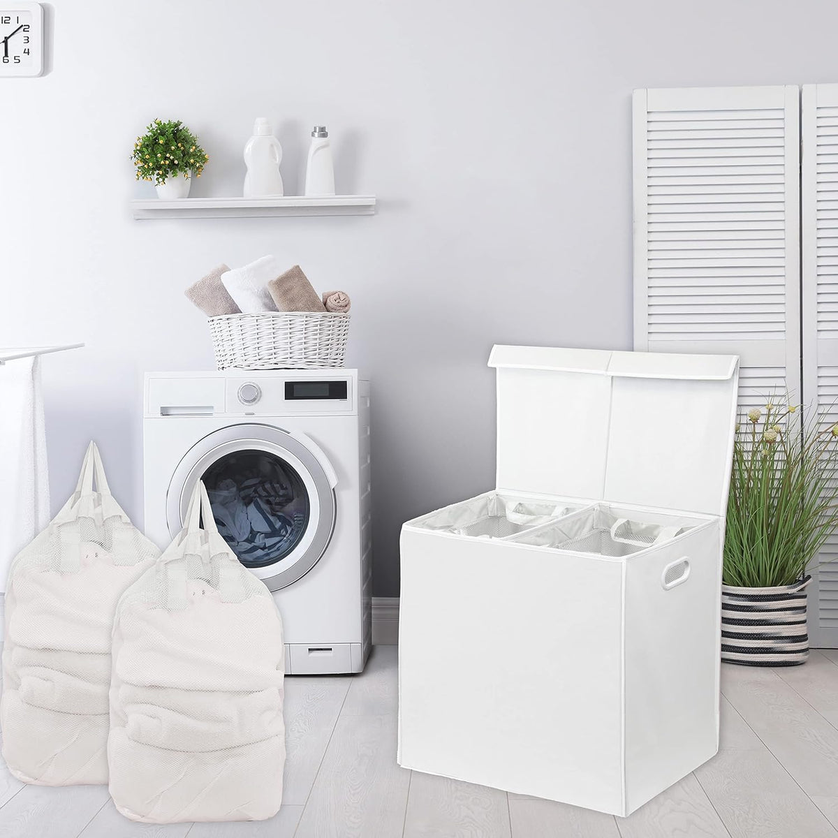 SimpleHouseware Double Laundry Hamper with Lid and Removable Laundry Bags, Beige - PuriLite