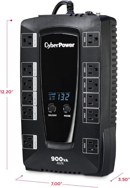 CyberPower AVRG900LCD Intelligent LCD UPS System, 900VA/480W, 12 Outlets, AVR, Compact - PuriLite