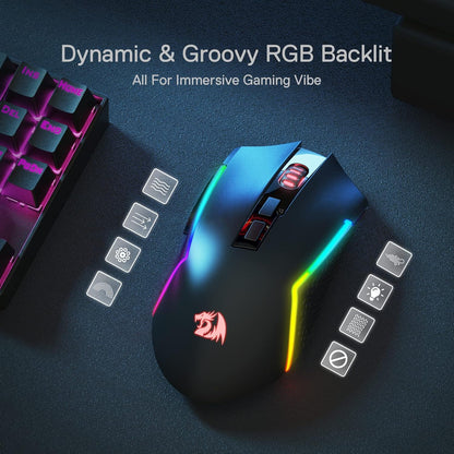 Redragon M693 Wireless Gaming Mouse, 8000 DPI Wired/Wireless Mouse w/ 3-Mode Connection, BT & 2.4G Wireless, 7 Macro Buttons, Durable Power Capacity for PC/Mac/Laptop - PuriLite