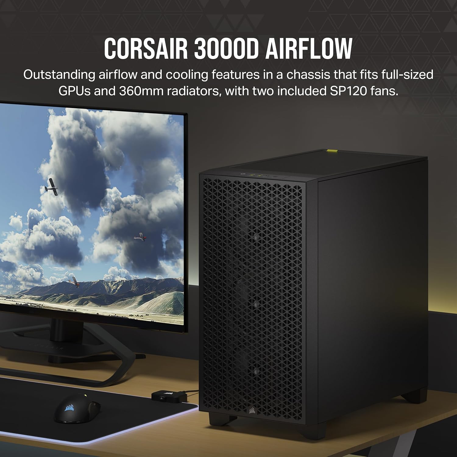 CORSAIR 3000D Airflow Mid-Tower PC Case – 2X SP120 Elite Fans – Four-Slot GPU Support – Fits up to 8X 120mm Fans – High-Airflow Design – Black - PuriLite