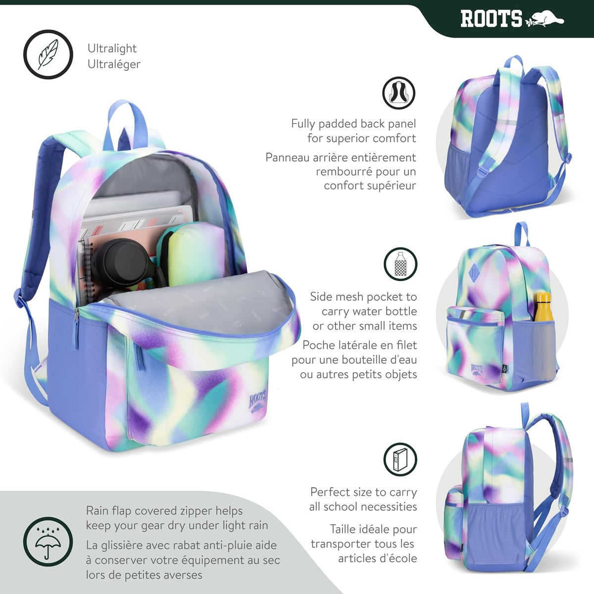 Roots Teen Lightweight Backpack — Made from Recycled Polyester with 15.6" Laptop Compartment, Rain Flap, Bottle Pocket, Reflective Accent, and Back Padding — 34L, Black - PuriLite