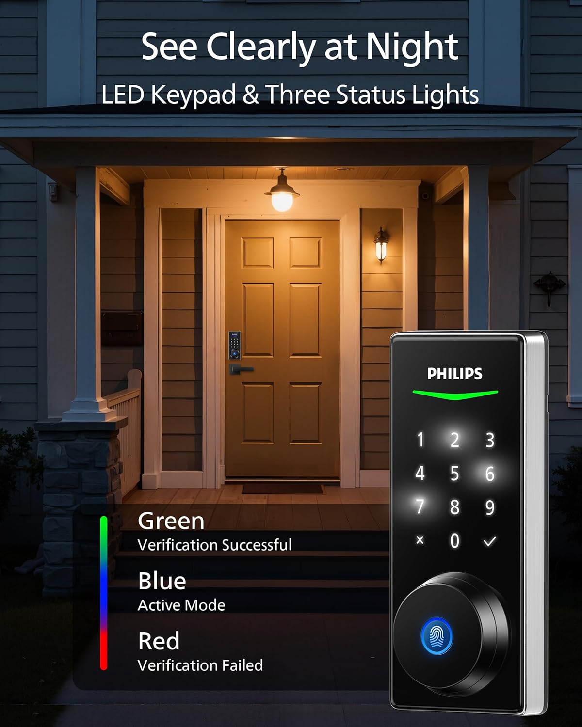 Philips Fingerprint Keyless Entry Door Lock, Electronic Door Lock with Touchscreen, Long-Lasting Battery, Auto Locking, One-Time Code, Keypad Deadbolt, One-Touch Locking, Matte Black - PuriLite