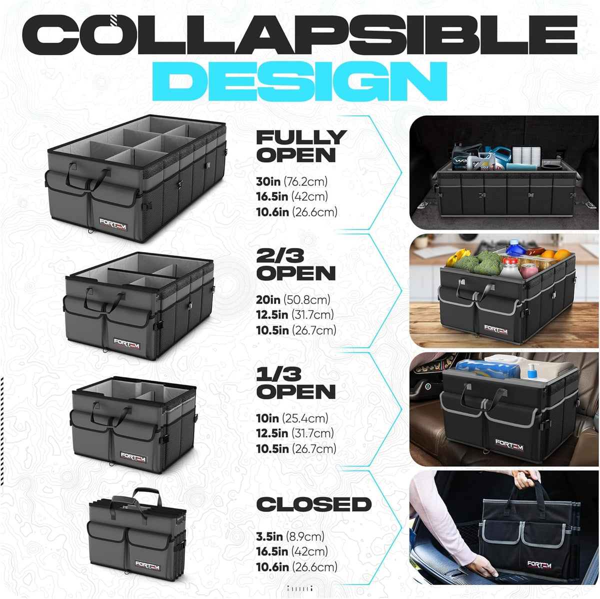 FORTEM Car Trunk Organizer, Collapsible Multi Compartment Car Organizer, Foldable SUV Storage for Car Accessories for Women Men, Non Slip Bottom, Securing Straps, Soft Cover 50L (Black, Standard) - PuriLite