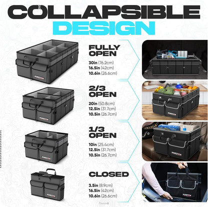 FORTEM Car Trunk Organizer, Collapsible Multi Compartment Car Organizer, Foldable SUV Storage for Car Accessories for Women Men, Non Slip Bottom, Securing Straps, Soft Cover 50L (Black, Standard) - PuriLite