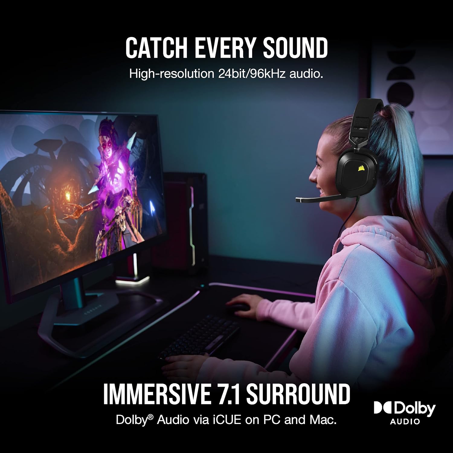 Corsair HS80 RGB USB Premium Gaming Headset with Dolby Audio 7.1 Surround Sound (Broadcast-Grade Omni-Directional Microphone, Memory Foam Earpads, High-Fidelity Sound, Durable Construction) Carbon - PuriLite