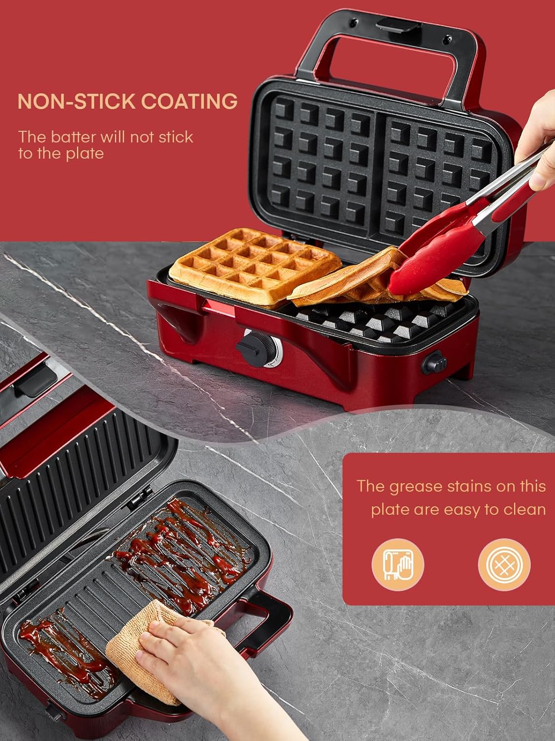 FOHERE 3-in-1 Waffle Maker, Sandwich Maker, Panini Press with Removable Plates, 5-Gear Temperature, LED Indicator Lights, Portable Handle, 1200W Belgian Electric Grill Cheese Machine - PuriLite