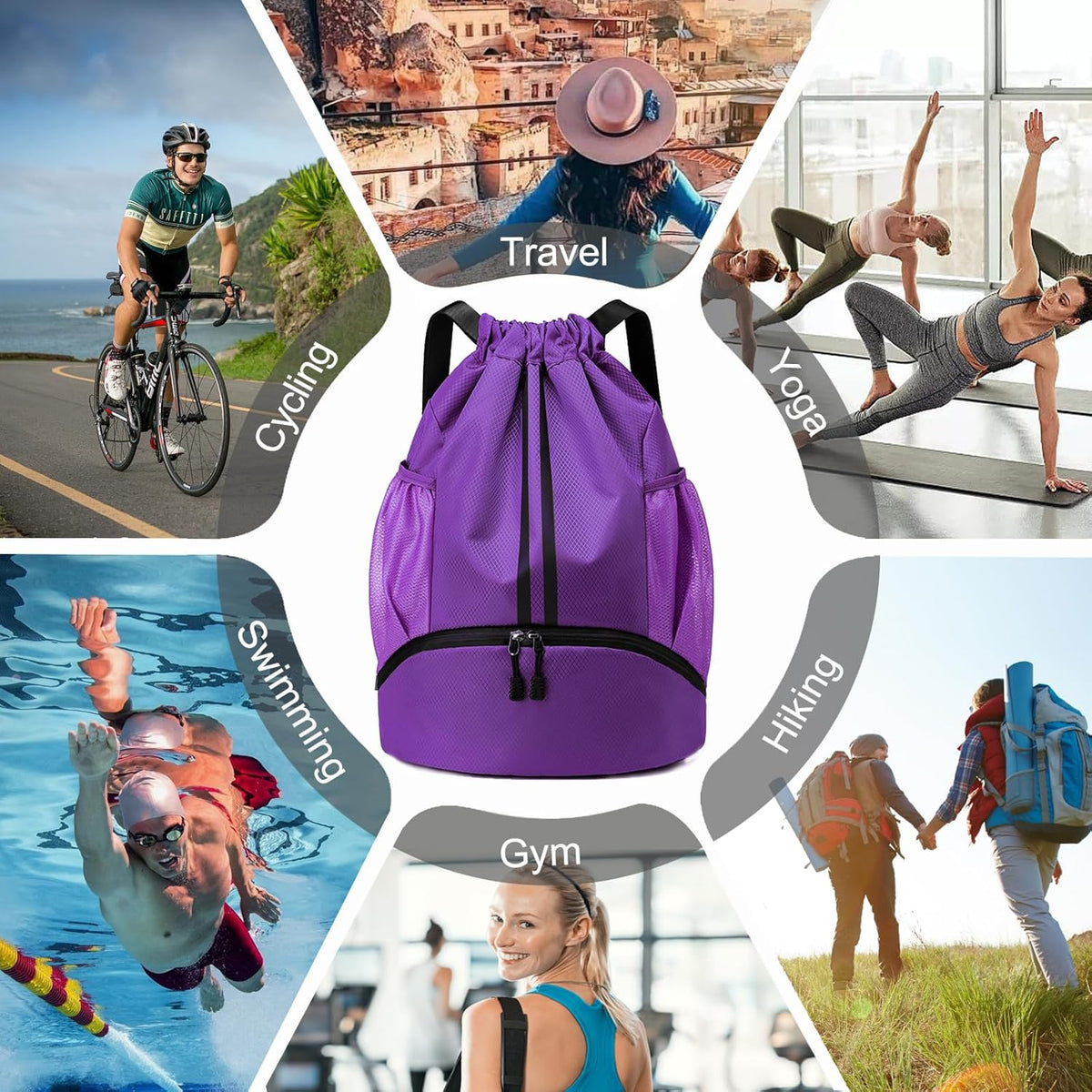 Hoedia Sports Drawstring Backpack - String Swim Gym Bag with Shoes Compartment and Wet Proof Pocket for Women/Men - PuriLite