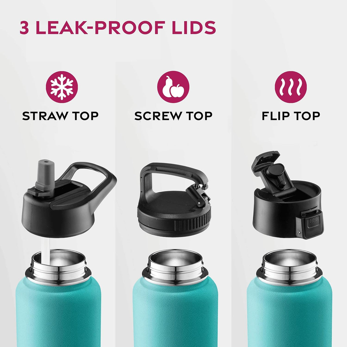 FineDine Water Bottle - Stainless Steel Insulated Water Bottle with Straw Lid, Flip Lid & Wide-Mouth Cap - Keeps Hot and Cold - 25 Oz / 739ml - Pure Pearly White - PuriLite