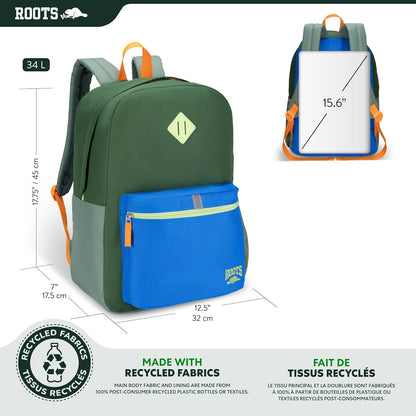 Roots Teen Lightweight Backpack — Made from Recycled Polyester with 15.6" Laptop Compartment, Rain Flap, Bottle Pocket, Reflective Accent, and Back Padding — 34L, Black - PuriLite