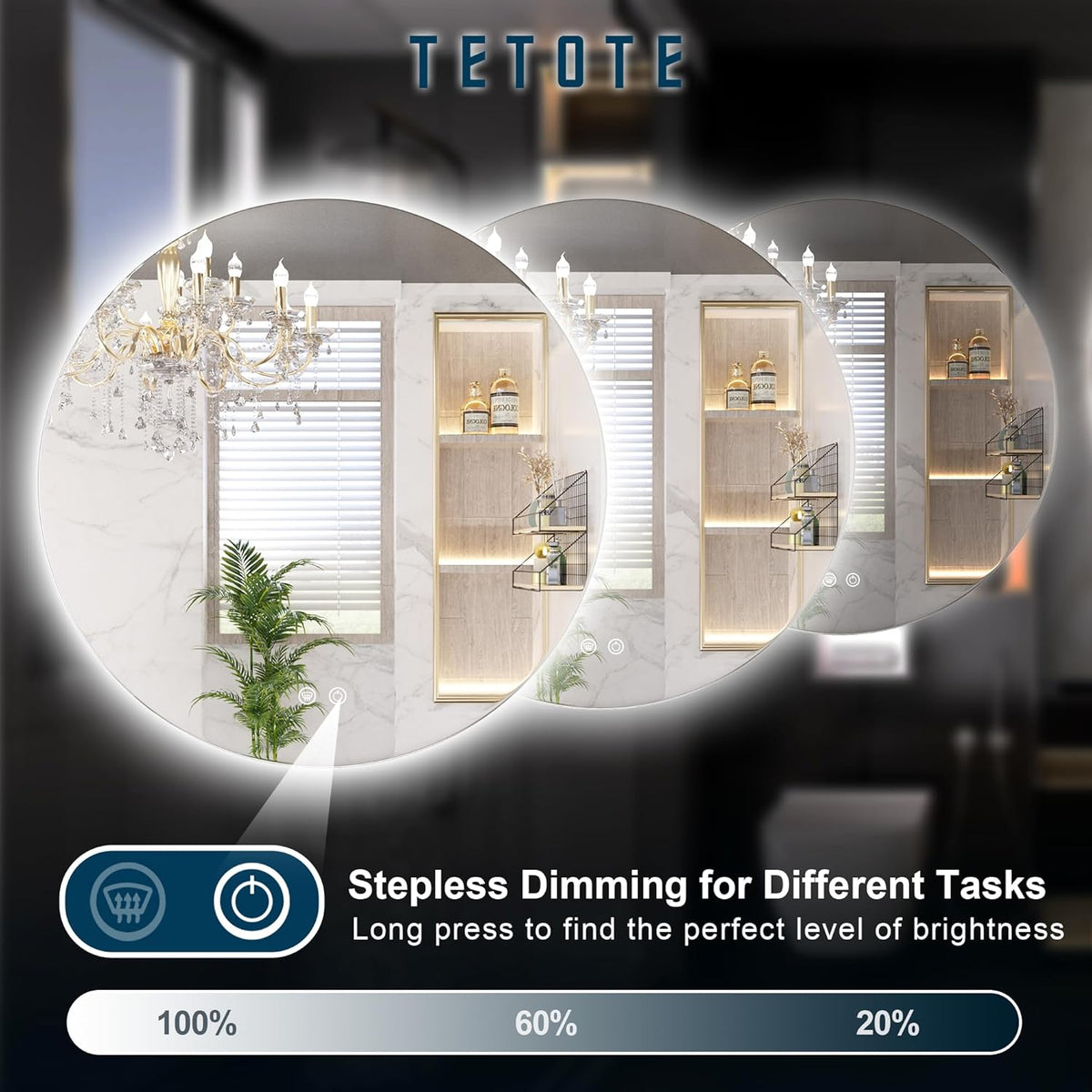 TETOTE 28 Inch Round LED Bathroom Vanity Mirror, Anti-Fog Dimmable Lights IP54 Waterproof Circle Makeup Wall Mounted Mirror - PuriLite